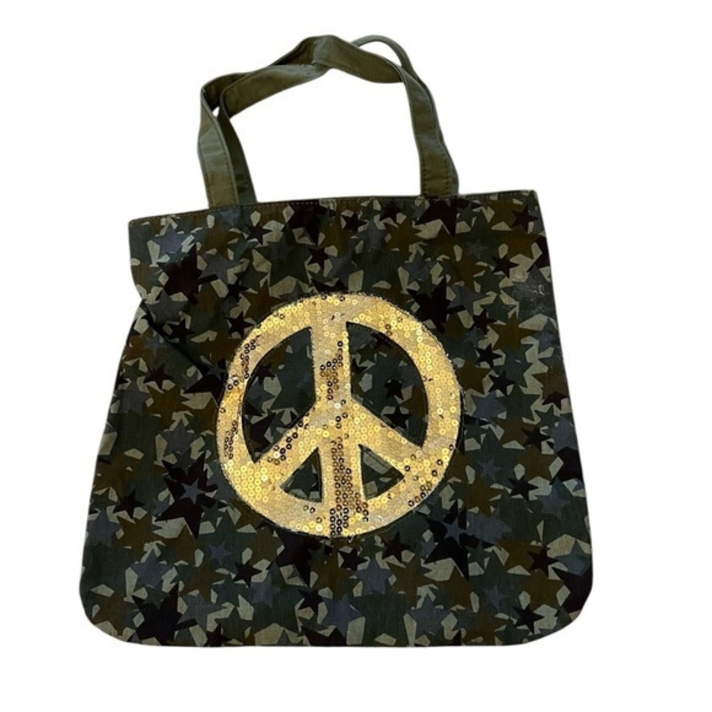 Green Stars Camo & Gold Sequin Peace Sign Cotton Tote Bag